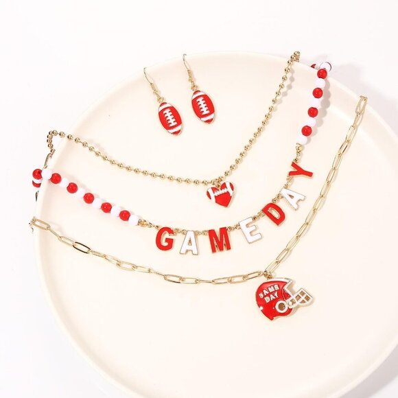 Women Beaded Football Necklace Layered Link Chain Sports Team Jewelry Gift - Picture 3 of 6